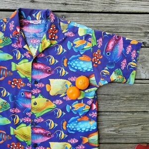 Vintage 90s Fish Hawaiian Summer Seafood Shells Fun BBQ Dad short sleeve shirt